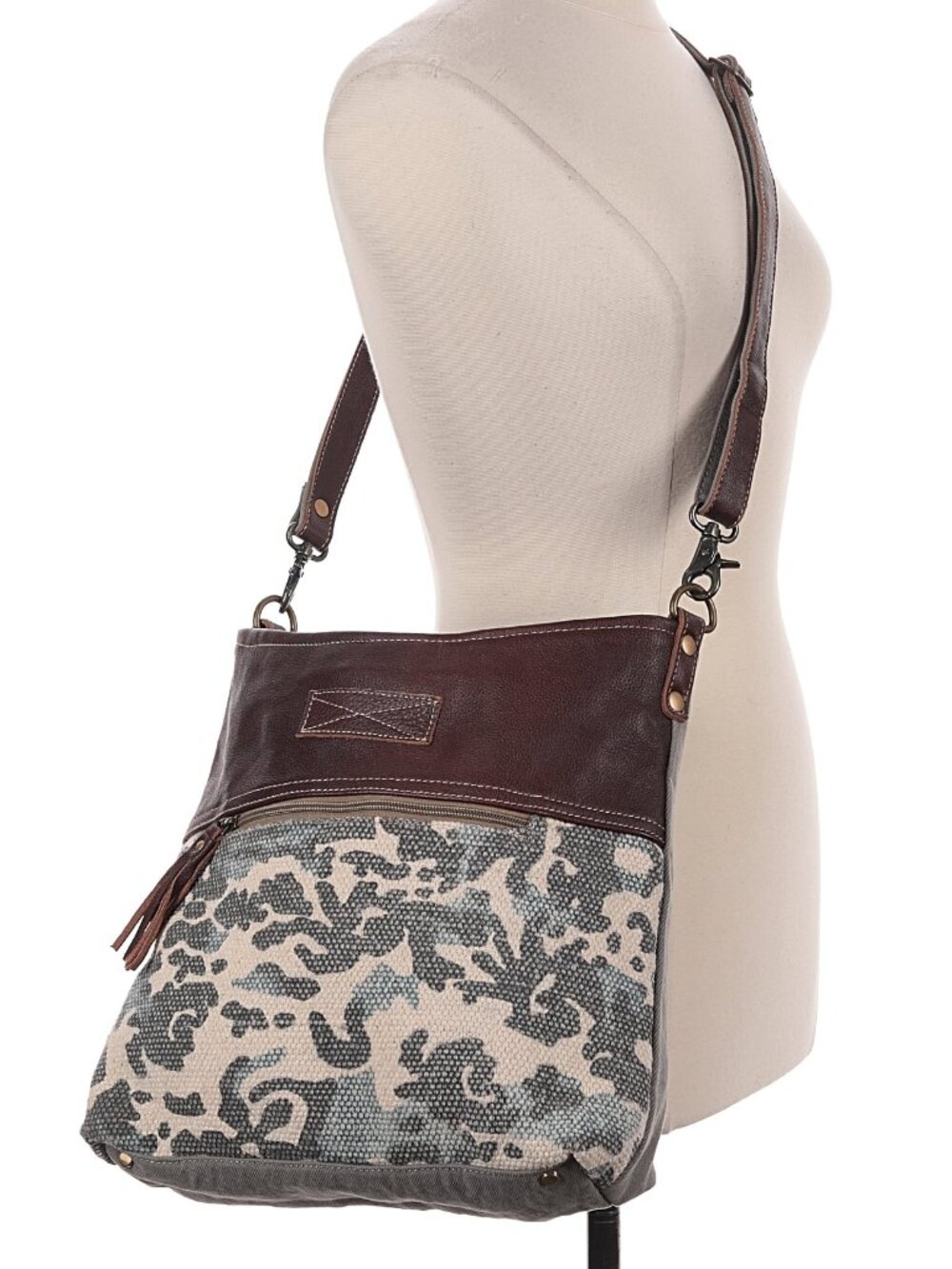 EUC Myra Bag, blue floral print, leather accents, large size crossbody